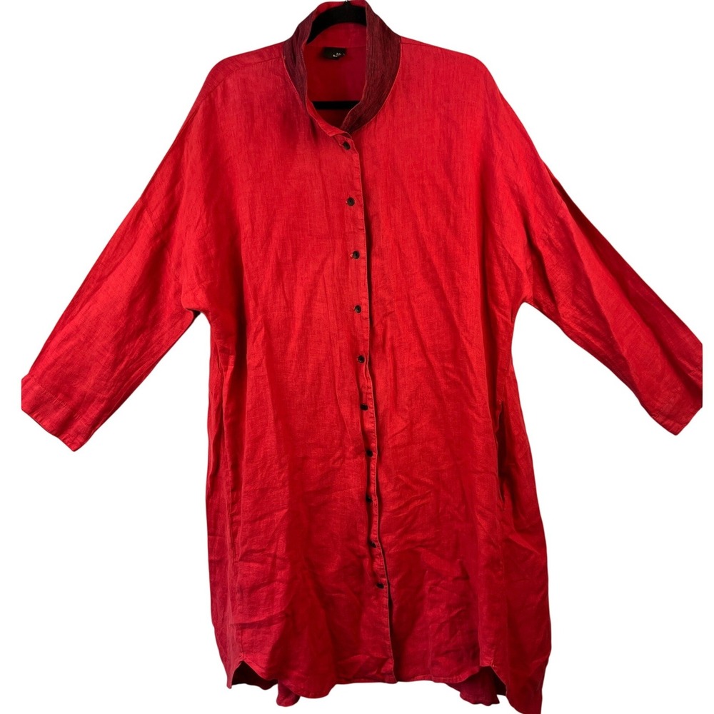 Lisa Bayne Red Linen Button Front Long Tunic XL Lagenlook Artsy Boho Minimalist